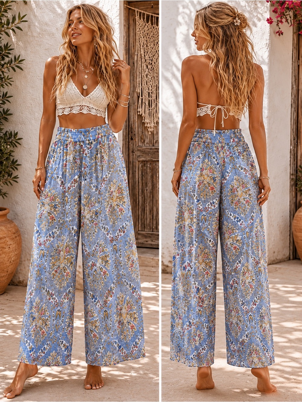 🌸POL L Boho Floral Blue Wide Leg Pants P005 - Picture 2 of 7